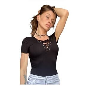 Edgy Lace up Tee Womens small black short sleeve bodysuit Laced-up V-neckline